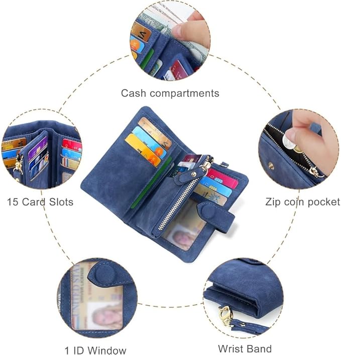 Women's Leather Wristlet Wallet, Bifold RFID Purse with ID Window, Zipper Coin Pocket for Daily Essentials (Navy blue)