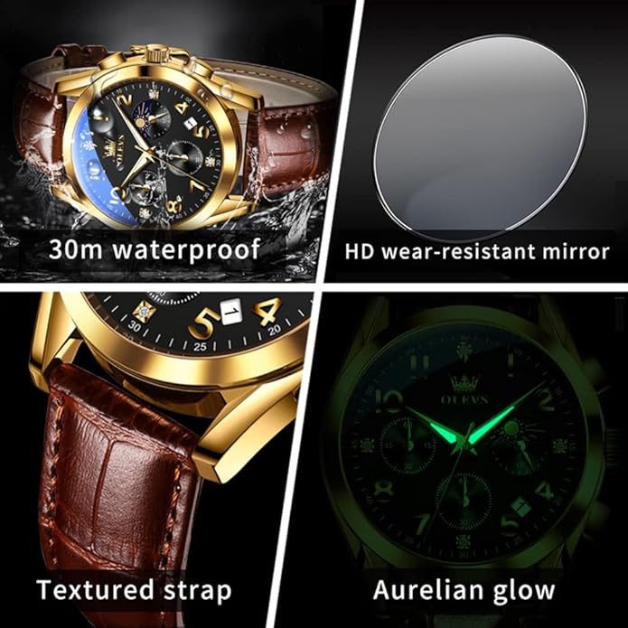 OLEVS Men's Watches Brown Leather with Date,Casual Watches for Men,Large Face Watches Men,Chronograph Mens Watch,Sport Waterproof Business Dress Analog Quartz Men's Wrist Watches Reloj De Hombre