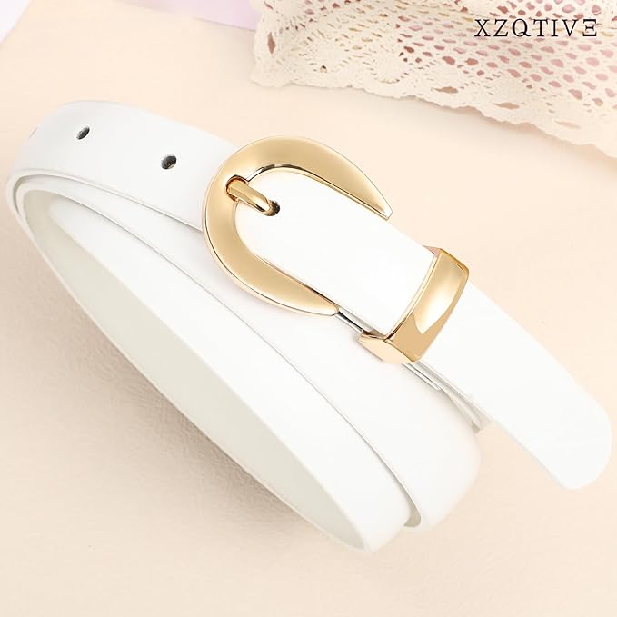 XZQTIVE Women Skinny Leather Belts for Jeans Dress Pants Fashion Ladies Thin Black Waist Belt with Gold Buckle