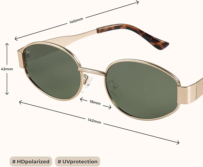 livho Retro Polarized Sunglasses - UV400 Protection, Oval Shape, Metal Frames - Matching Soft Case Inlcuded