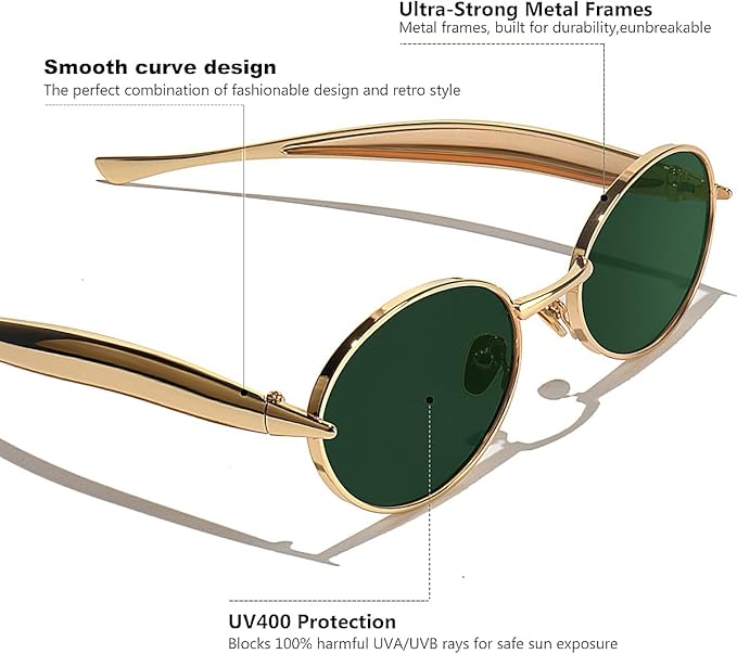 Retro Oval Sunglasses for Women Men - Classic 90s Vintage Trendy Shades with UV400 Protection, Gold Metal Frame