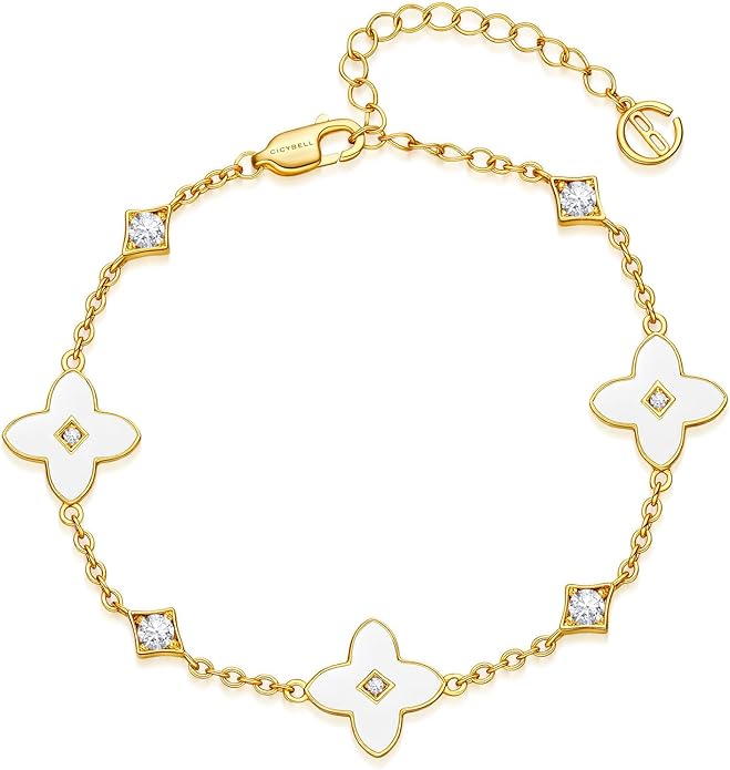 Cicy Bell Womens 18k Gold Plated White Shell Cubic Zirconia Square Cross Adjustable Chain Link Bracelets 6.69" with 2" Extender