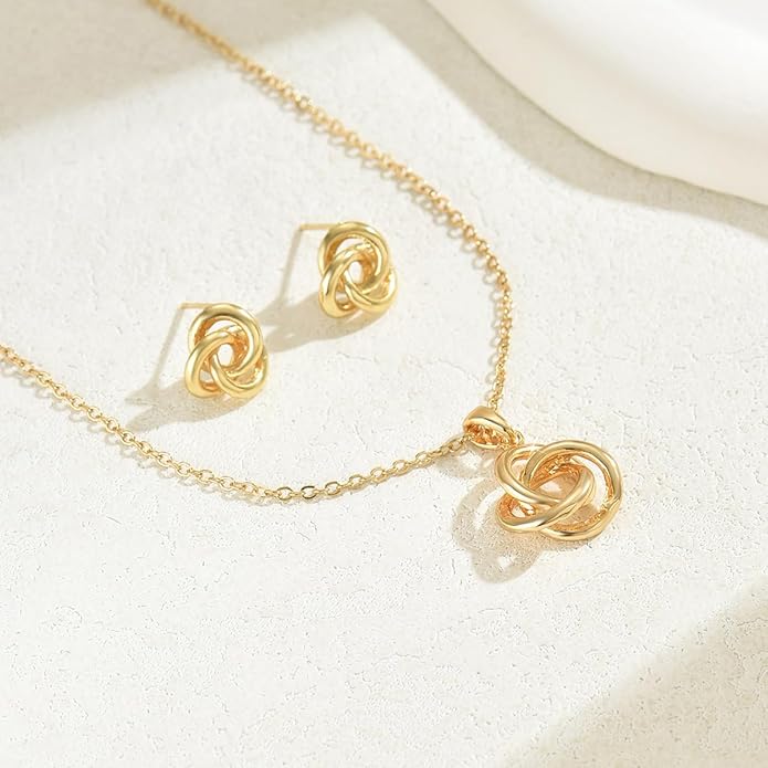 Hebelee Minimalist Love Knot Stud Earrings and Necklace Jewelry Set for Women Gold-Toned Simple Circle Knot Pendant Necklaces Adjustable Link Chain Dainty Studs Earring for Wedding Anniversary