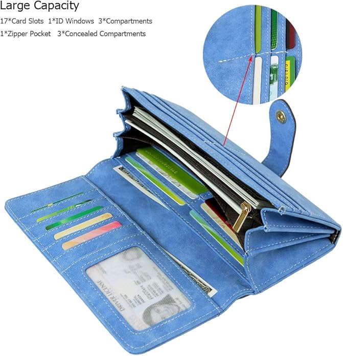 Women's Vegan Leather 17 Card Slots Card Holder Long Big Bifold Wallet
