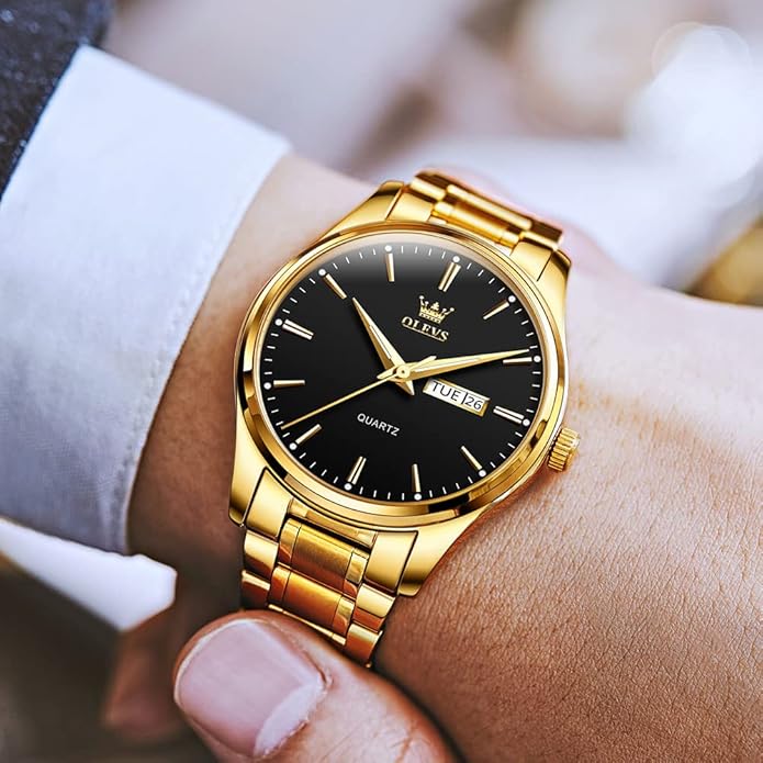 Men's Casual Stainless Steel Watch, Big Face Easy to Read Analog Quartz Watch with Day and Date, Classic Waterproof Diamond Roman Arabic Numerals Dial Dress Watch for Men, Gold Silver Black Band
