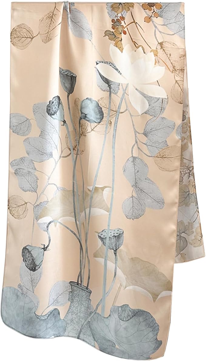 100% Mulberry Silk Scarfs for Women Floral Print Satin Long Scarf for Headscarf Hair Wraps Shawl with Gift Packed