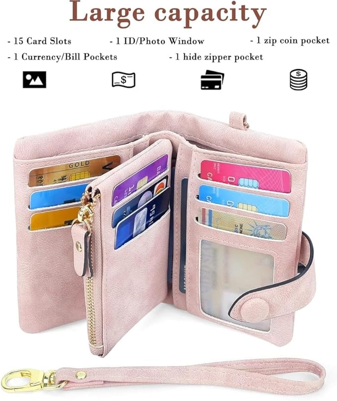 Women's Leather Wristlet Wallet, Bifold RFID Purse with ID Window, Zipper Coin Pocket for Daily Essentials (Pink)