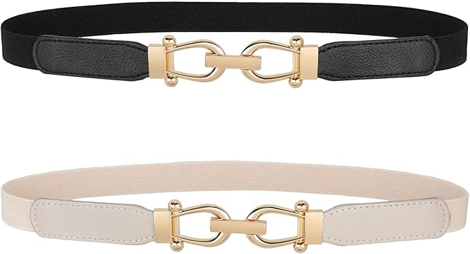 JASGOOD Women Skinny Elastic Belt for Dresses,Thin Retro Stretch Waist Belt with Golden Buckle