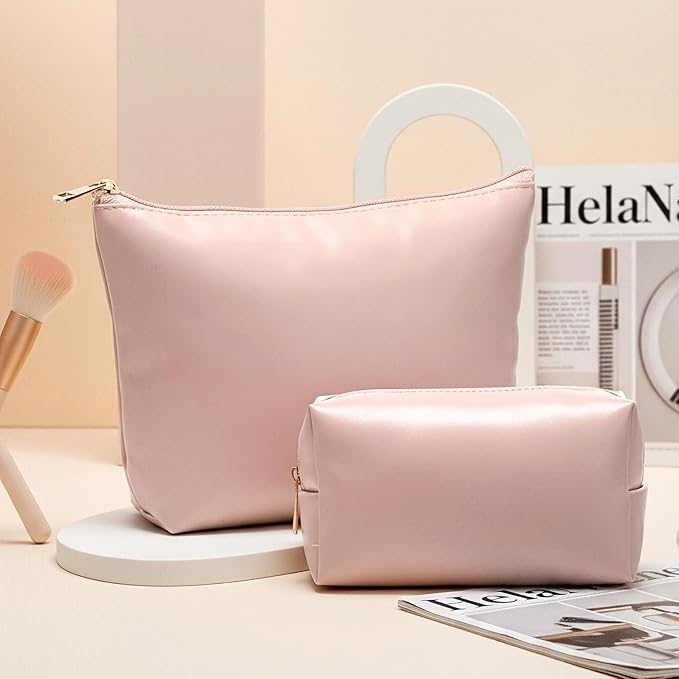 Kigeli 2 Pcs PU Leather Makeup Bag Set for Women Aesthetic Cosmetic Bag Small Toiletry Travel Pouch for Purse Emergency Skincare Organizer Valentine Gifts for Bridesmaid Birthday(Pink)