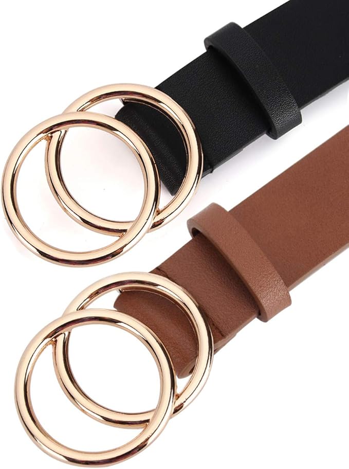 UnFader Pack 2 Women Belts for Jeans with Fashion Double O-Ring Buckle and Faux Leather