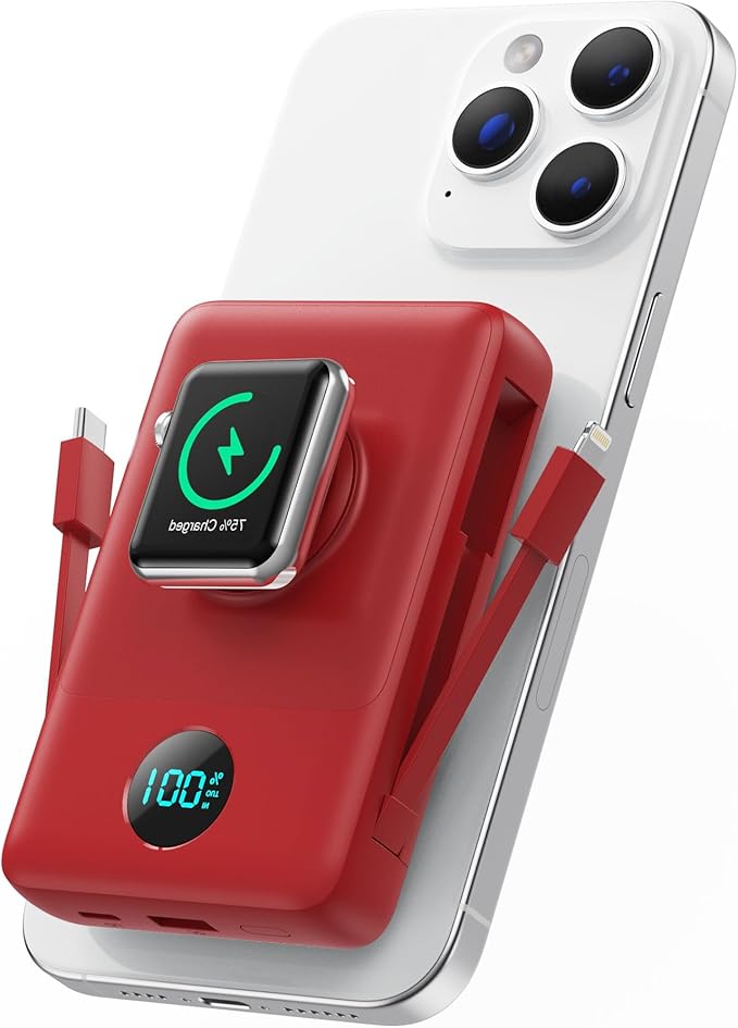 Magnetic Portable Charger for iPhone with Built-in Cables, 6-in-1 10800mAh Power Bank with iWatch Charger & LCD Display,25W Fast Charging Battery Pack for iPhone 17/16/15/14/13/12,Apple Watch (Red)