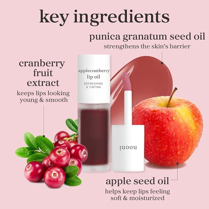 NOONI Korean Lip Oil - Applecranberry | Long-Lasting, Moisturizing, Plumping, Revitalizing for Dry Lips, Waterproof, No Peel Off, Hydrating, Stocking Stuffers, Gifts For Teen Girls, 0.12 FL Oz