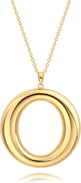 SOFYBJA 18K Gold Plated Circle Pendant Necklace Long Satellite Beaded Chain Jewelry for Women Dainty Hammered Karma Open Circle Charm Geometric Necklace