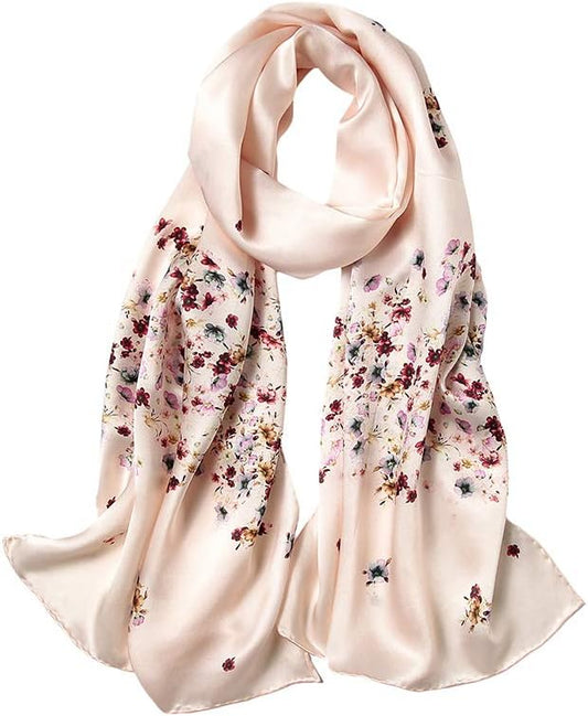 100% Mulberry Silk Scarfs for Women Floral Print Satin Long Scarf for Headscarf Hair Wraps Shawl with Gift Packed