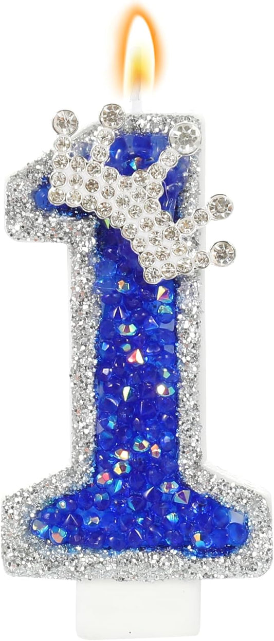 Blue Birthday Candle Crown Number 1 Candle with Sequins 1st Cake Candles Cupcake Decorations Party Decor for Anniversary Celebrations Supplies