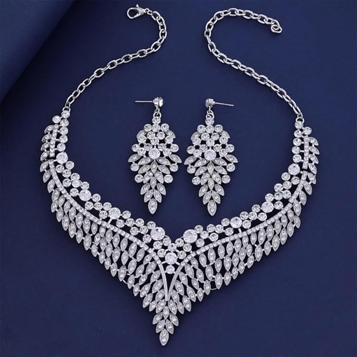 Wedding Bridal Jewelry Set Crystal Rhinestone Statement Necklace Vintage Collar Necklace Dangle Earrings Set for Women