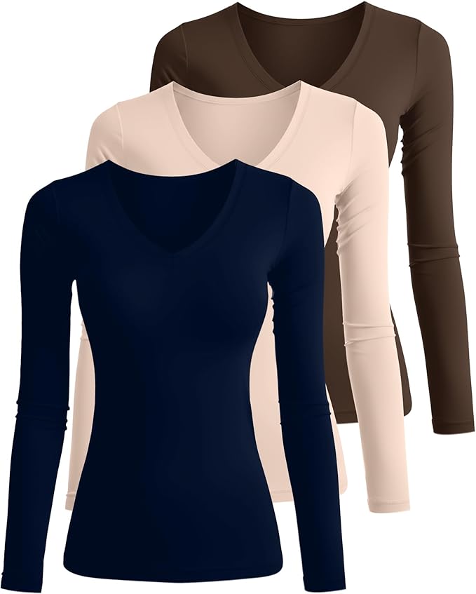 Ficerd 3 Pack Women's Long Sleeve Shirts, V Neck Basic Tees Slim Fitted Casual Fall Tops Going Out Blouses T Shirts
