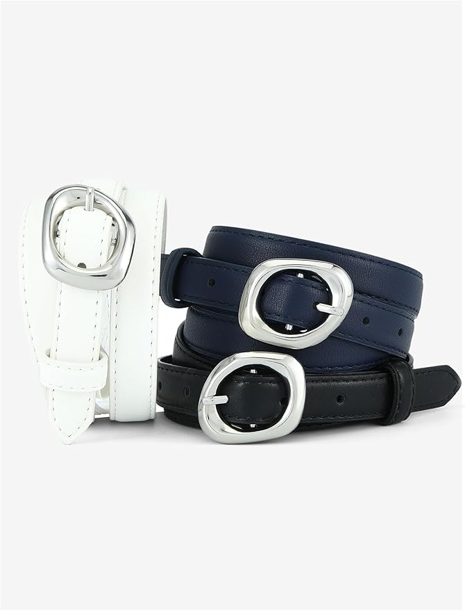 Thin Belt for Women Jeans Faux Leather Ladies Skinny Waist Belts for Dresses Pants with Trendy Gold/Silver Buckle