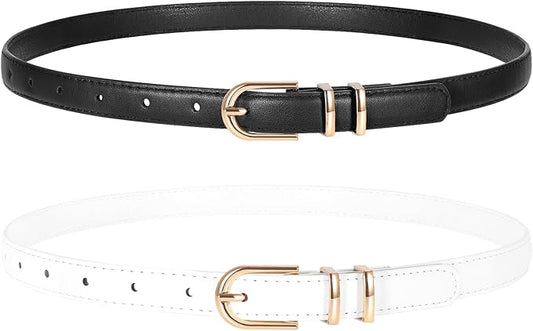 2 Pack Women Skinny Leather Belts for Jeans Pants Thin Faux Leather Belt with Gold Buckle