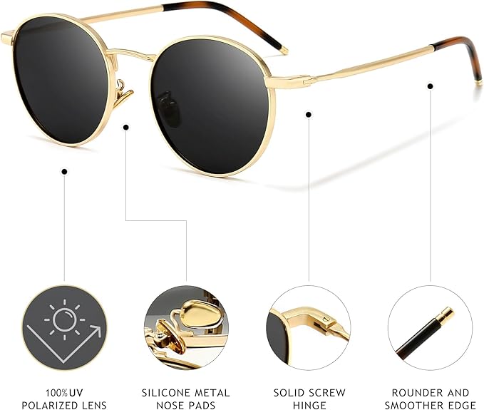SUNGAIT Ponderable Metal Round Sunglasses for Men Women Classic Vintage Polarized Circle Sun Glasses