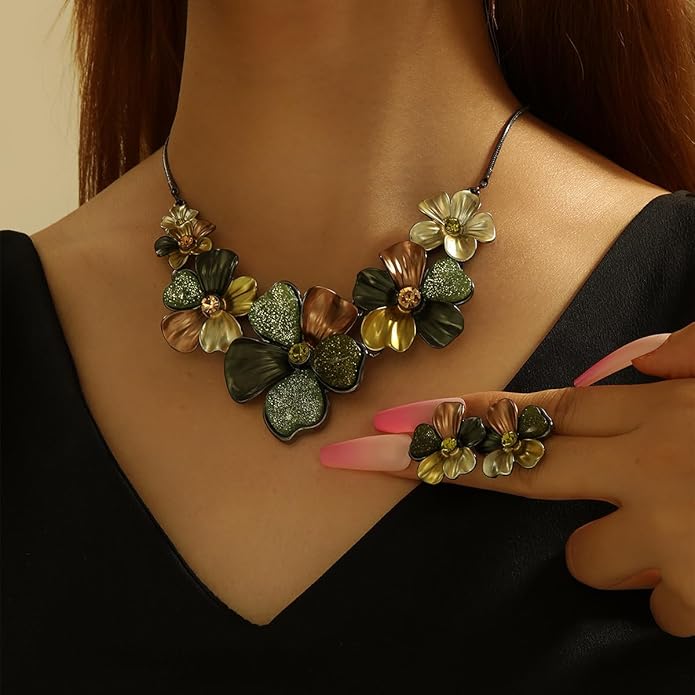 Chunky Statement Jewelry Set Vintage Retro Leaf Flower Floral Geometric Bohemian Boho Bib Necklace Earring Set Fashion Costume Jewelry for Women Girls Wedding Party Prom Unique Gift