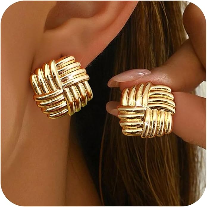ORAZIO Chunky Gold Plated Knot Earrings for Womens Trendy 925 Silver Statement Lightweight Dangle Drop Hypoallergenic Large Geometric Stud Earring Jewelry for Women