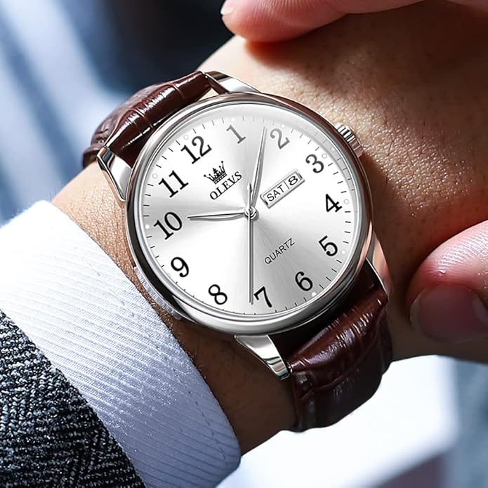OLEVS Mens Watches, Casual Leather Watches for Men Easy to Read Quartz Number Watch with Date Waterproof Blue/Black/Silver Face Men's Wrist Watches…