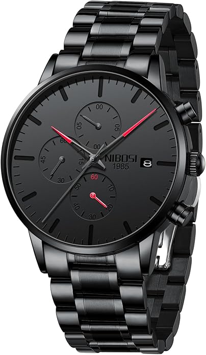 NIBOSI Men's Watches Analog Minimalist Black Dial Watches for Men Business Chronograph Military Casual Wrist Watches Stainless Steel Strap Date