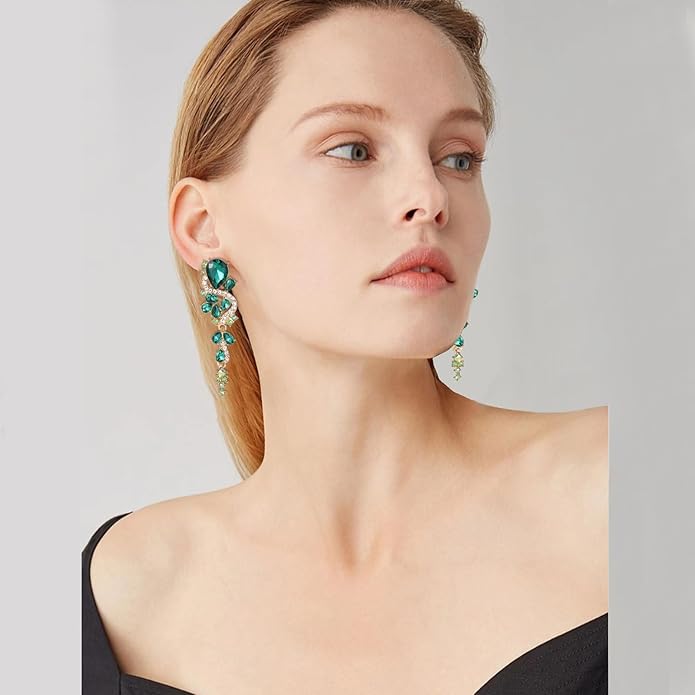 Fashion Rhinestone Statement Drop Dangle Earrings Long Colorful Crystal Bridal Wedding Teardrop Chandelier Earrings for Women Prom Pageant