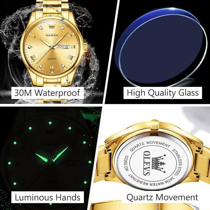 Men's Casual Stainless Steel Watch, Big Face Easy to Read Analog Quartz Watch with Day and Date, Classic Waterproof Diamond Roman Arabic Numerals Dial Dress Watch for Men, Gold Silver Black Band