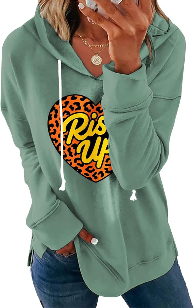 Womens Casual Loose Fit Pullover Sweatshirt with Artistic Print Drawstring Hood Long Sleeve Cotton Blend for Fall
