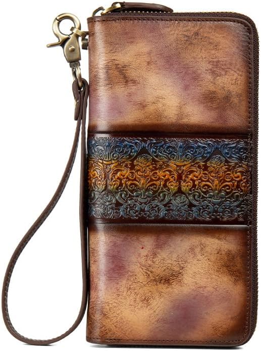 Women's cowhide leather zipper wallet retro carved multi-layer handbag design (Retro Purple Blue)