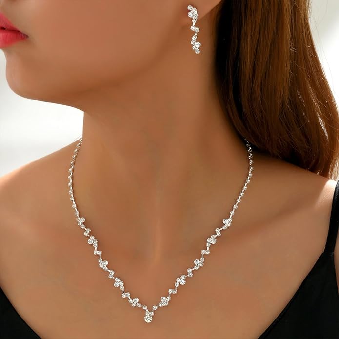 Wedding Jewelry Sets for Brides Silver Rhinestone Necklaces Earring Bracelet Set Wedding Sets for Women Prom Jewelry Sets for Women