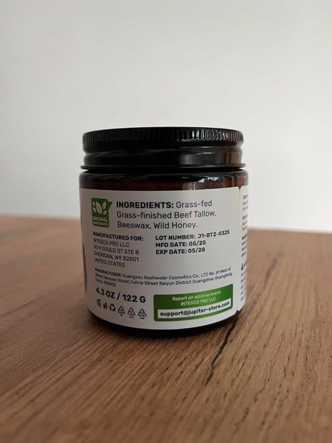 Beef Tallow for Skin – Grass Fed Face Moisturizer & Whipped Body Balm - Honey & Beeswax – Vitamin A, D, E, K Rich Cream – Fragrance Free & Non-Comedogenic Dry Sensetive Skincare - 4.3 oz