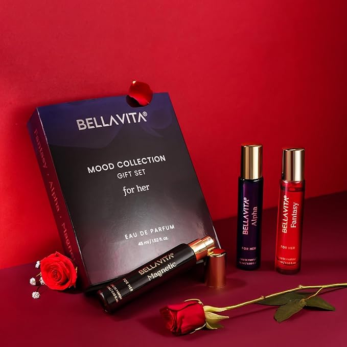 BellaVita Luxury Mood Collection Gift Set (3x15ml) for Women | Pheromone Inspired Technology Long Lasting Fragrance | Includes Alpha, Fantasy & Magnetic Perfumes | Pink Pepper, Benzoin and Jasmine
