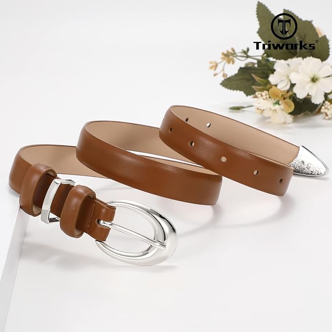 TRIWORKS Women Leather Belt for Jeans Pants Fashion Ladies Skinny Faux Leather Dress belt with Gold Buckle