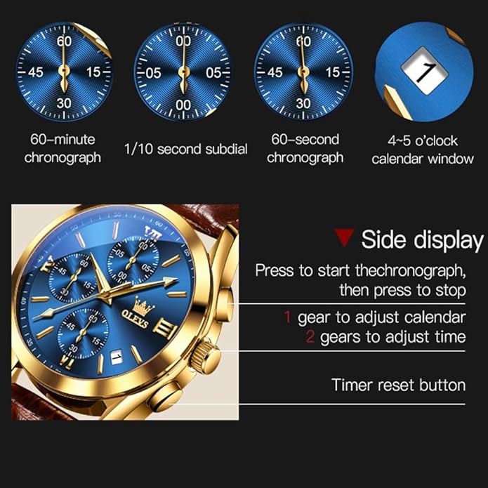 OLEVS Men's Watches Brown Leather with Date,Casual Watches for Men,Large Face Watches Men,Chronograph Mens Watch,Sport Waterproof Business Dress Analog Quartz Men's Wrist Watches Reloj De Hombre