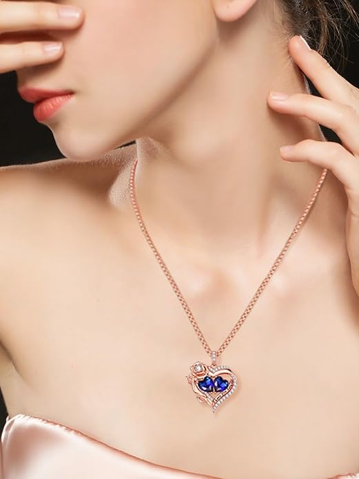 Rose Heart Necklaces for Women, Rose Gold Forever Love Jewelry with 2 Birthstones Pendant, Christmas Anniversarry Birthday Gifts for Her Wife Mom Grandma, 18+2 Inch Chain