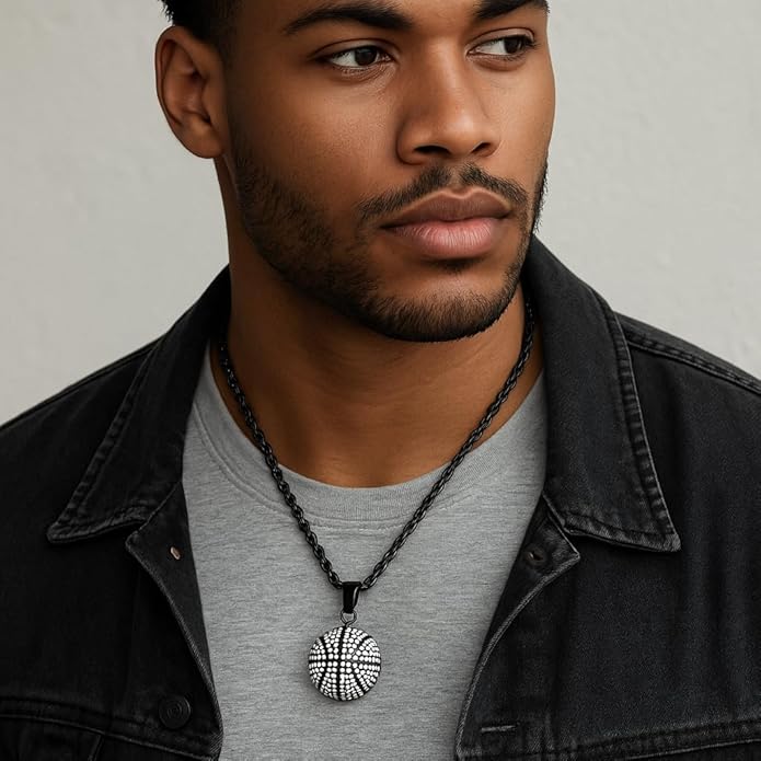 Basketball Necklace - 18K Plated Basketball Chain with Hoop for Men, Women, Teens - Gold, Silver & Black Color Options - Stainless Steel Sports Pendant with Simulated Diamond CZ Stones