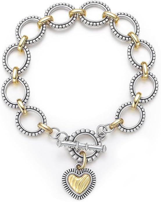 Mytys Chunky Chain Link Bracelet Two-Tone Mixed Metal Textured Toggle Clasp Statement Bangle Bracelet Jewelry for Women Fashion