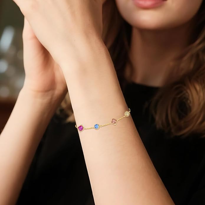 Birthstone Bracelet for Women, 925 Sterling Silver Plated 18k Gold Round/Square-Cut 5A Colored Cubic Zirconia Bracelet, Exquisite Jewelry Anniversary Birthday Gift for Wife Mother 7+2 "