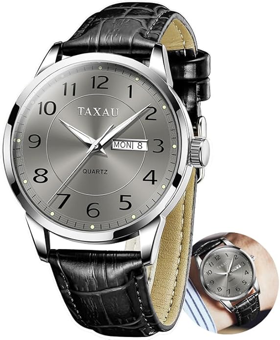 Men's Watch Big Face Easy Read Arabic Numeral Dress Watches for Men Classic Black Brown Leather Band Analog Mens Wrist Watch with Day and Date Fashion Business Waterproof Luminous Quartz Watch