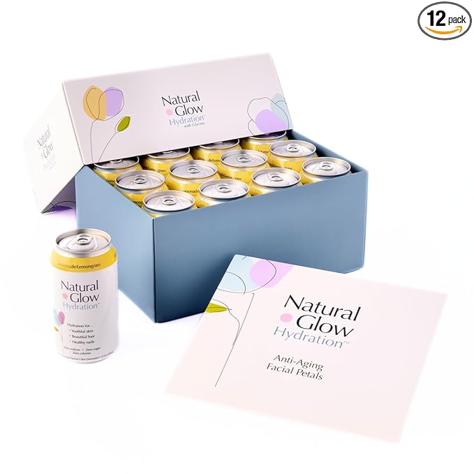 Natural Glow Hydration® Glycine Beauty Water, Lemonade Lemongrass Flavor, 12 Pack of 12 fl oz Cans, Electrolytes & Amino Acids, Zero Sugar & Zero Sodium, Anti-Aging Facial Petals Bundle
