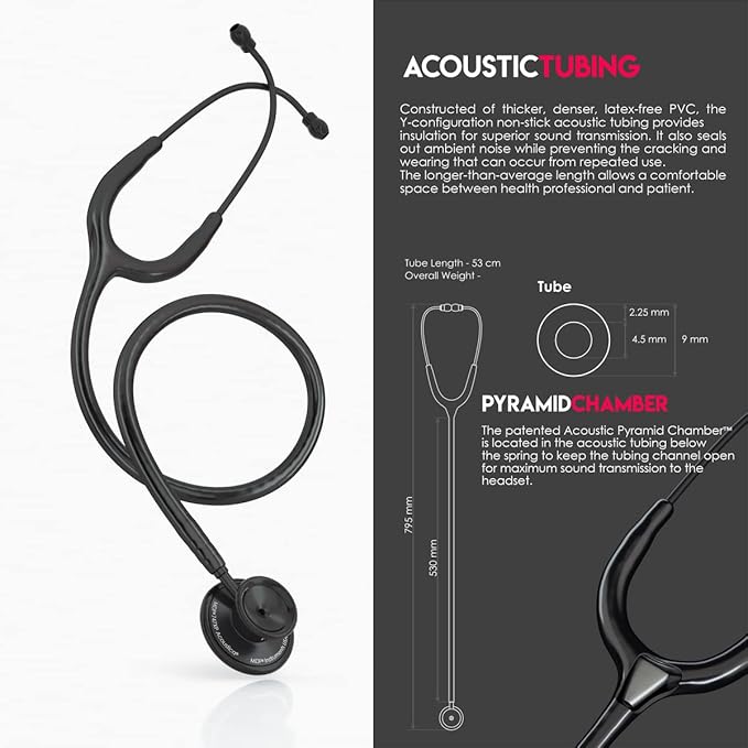 MDF Instruments, Engravable - Acoustica Lightweight Custom Stethoscope for Doctors, Nurses, Students, Home Health Use, Adult, Dual Head, Black Tube, Black Chestpiece-Headset, MDF747XPBO-ENGRAVING