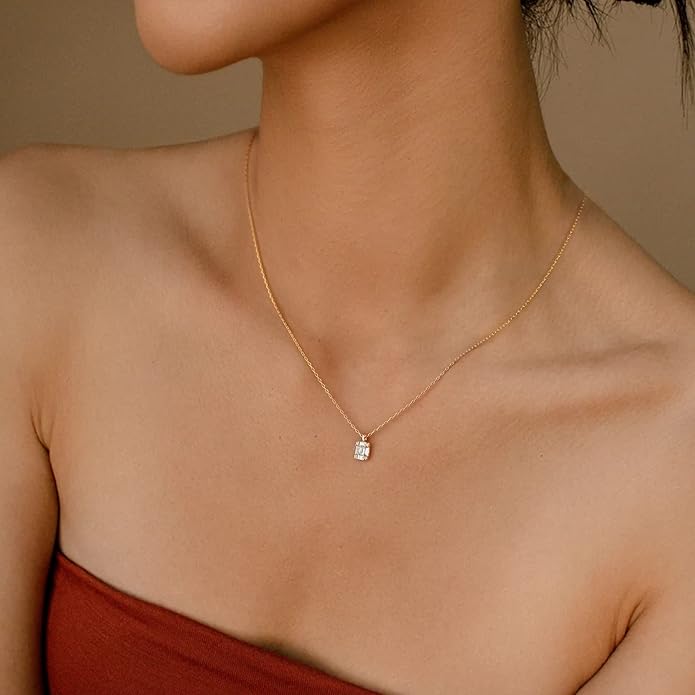 MIDEEO Christmas Gifts for Grandkids CZ Diamond Necklace for Women Dainty Layered Cubic Zirconia Solitaire Pendant Necklace Gold Plated Waterdrop Shape Square Emerald Green CZ Simulated Diamond Bridesmaid Necklace
