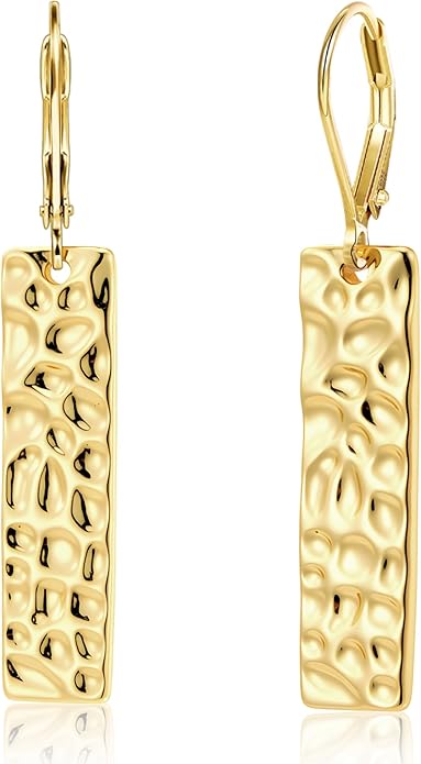ALEXCRAFT 925 Sterling Silver Dangle Earrings for Women, 14K Gold Plated French Leverback Earrings, Hypoallergenic Lightweight Statement Hammer Square Bar Long Drop Earing for Women Trendy Jewelry