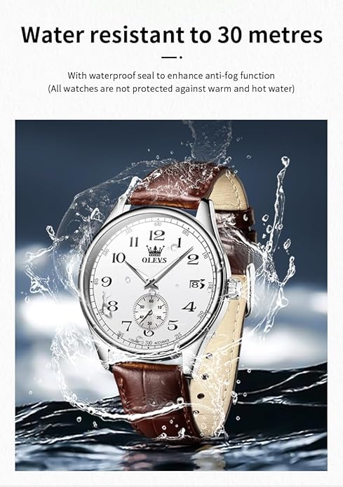 OLEVS Mens Watches Vintage Leather Band Dress Classic Easy Reader Arabic Numerals Analog Quartz Waterproof Date and Day Blue/Black/White Large Face Men's Wrist Watches