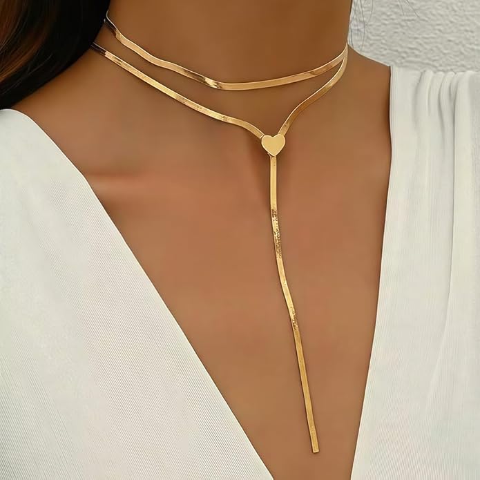 Atiptu Chunky Gold Choker Necklace for Women Silver Statement Y Necklace Long Herringbone Snake Chain Lariat Necklaces Prom Body Jewelry Accessories Gifts