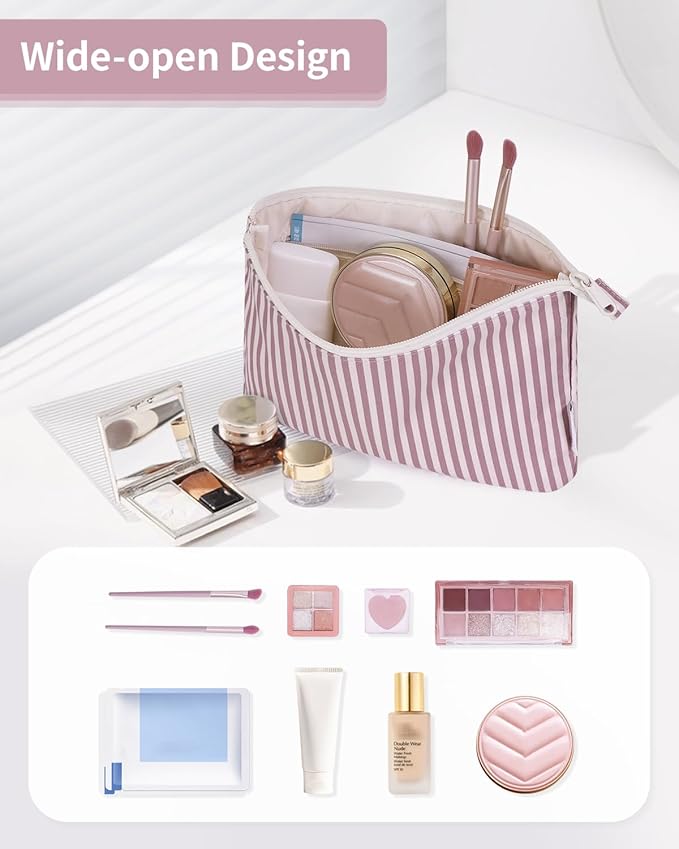Narwey Small Striped Makeup Bag for Purse Travel Makeup Pouch Cosmetic Bag Zipper Pouch Bags for Women (Dusty Pink Stripe)