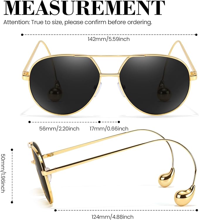SODQW Trendy Aviator Sunglasses for Women with Earring Gold Metal Frame Fashion Sun Glasses